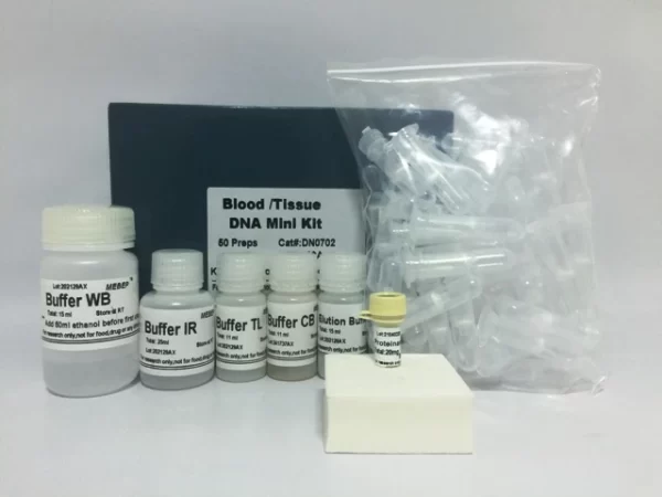 Kit de purificação de DNA genômico em sangue (Kit para um rápido isolamento do DNA genômico a partir de amostras clínicas, tanto frescas quanto congeladas de sangue total, soro, ossos, outros fluidos corporais e suspensões de células). Kit para 50 reações.