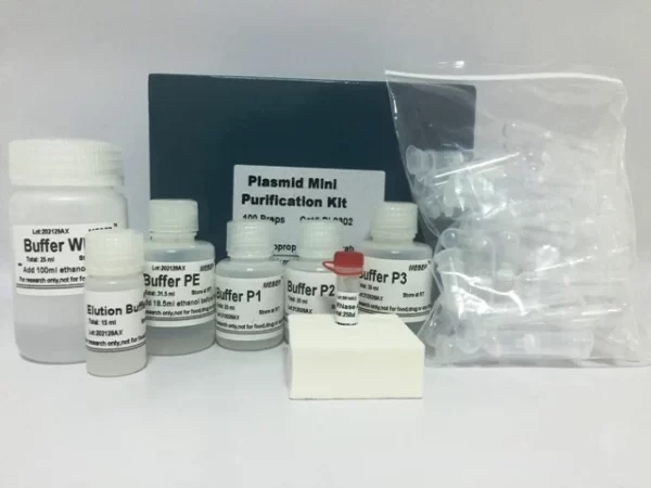 Kit de purificação de DNA plasmidial (Kit para purificação de mini DNA plasmidial de culturas bacterianas). Kit para 100 reações.